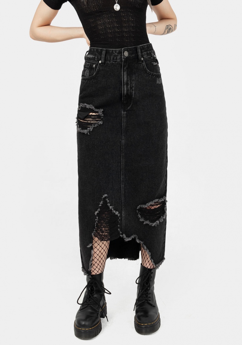 Disturbia Ursula Distressed Denim Midaxi Skirt | RVS-24756885