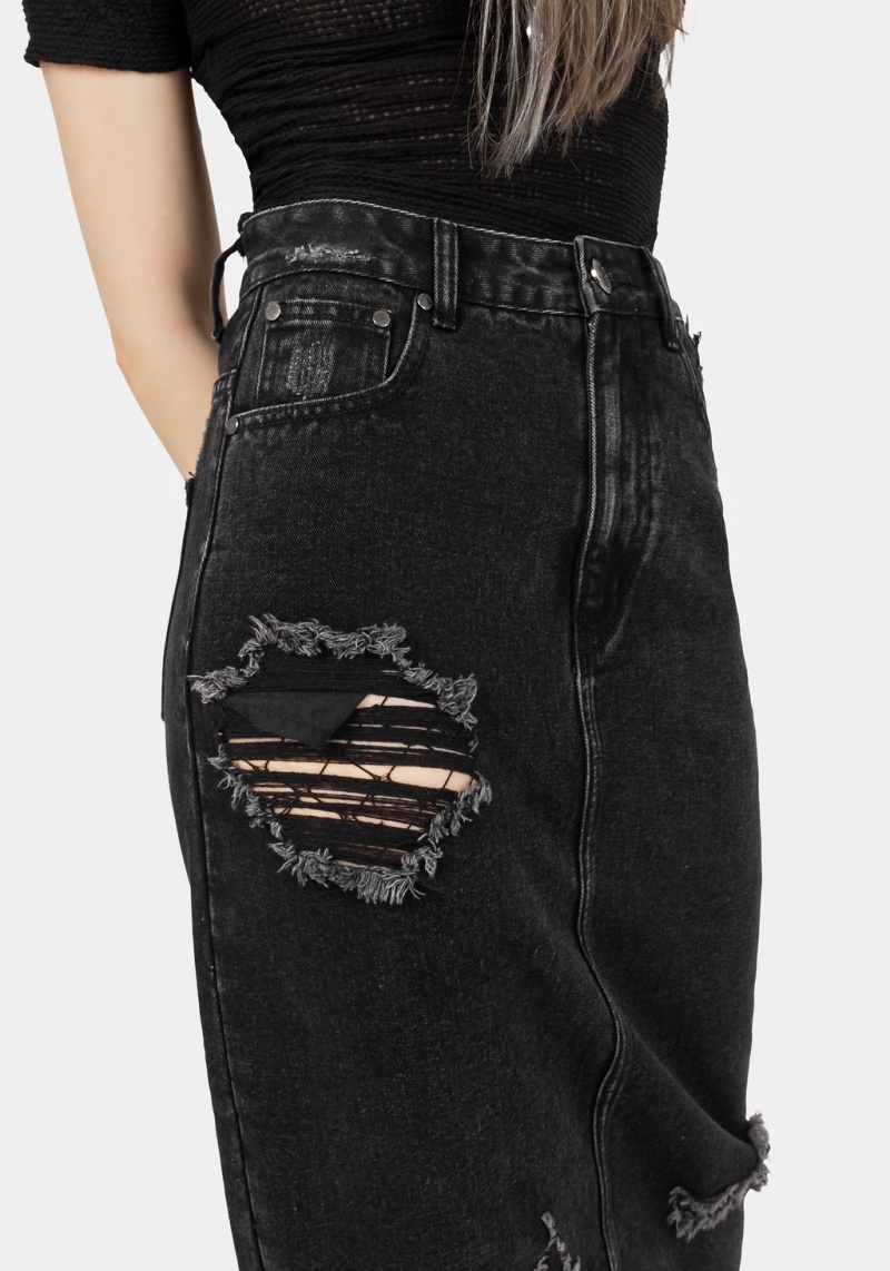 Disturbia Ursula Distressed Denim Midaxi Skirt | RVS-24756885