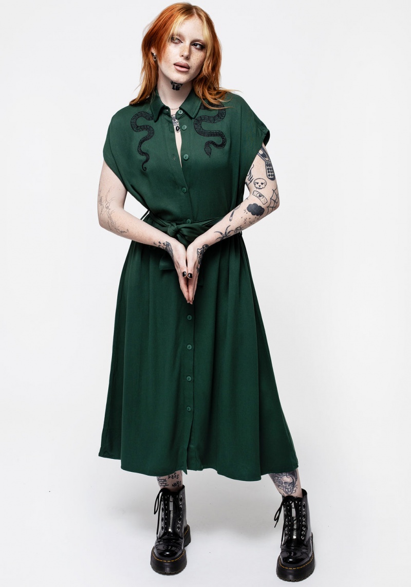 Disturbia Slither Relaxed Midi Shirt Robe - Green | SGL-76029368