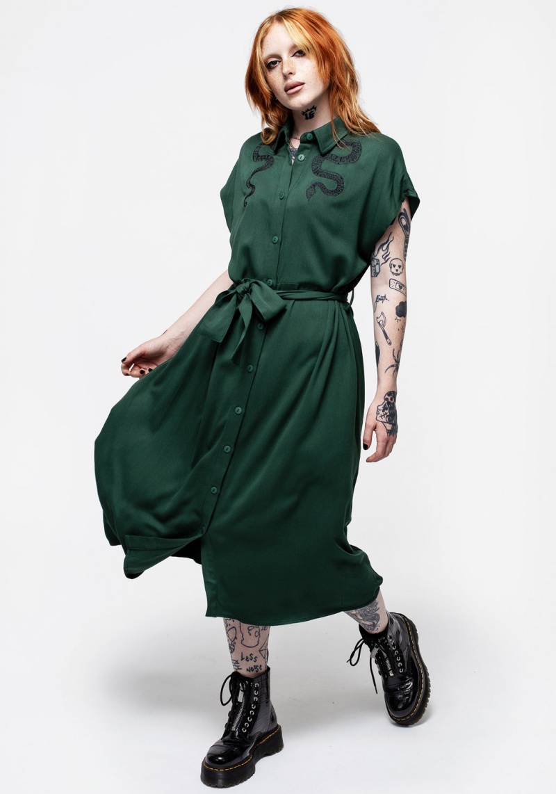 Disturbia Slither Relaxed Midi Shirt Robe - Green | SGL-76029368