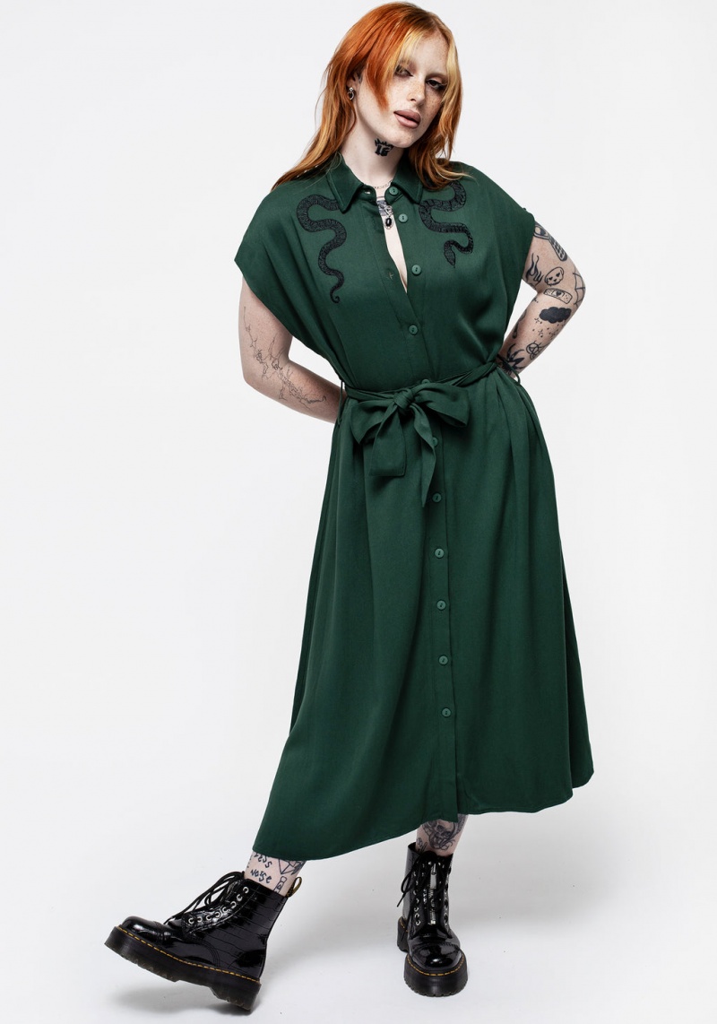 Disturbia Slither Relaxed Midi Shirt Robe - Green | SGL-76029368