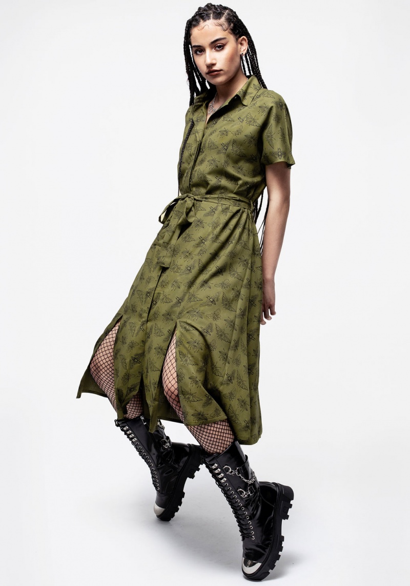 Disturbia Mortmoth Print Midi Shirt Robe - Green | LYW-17222011