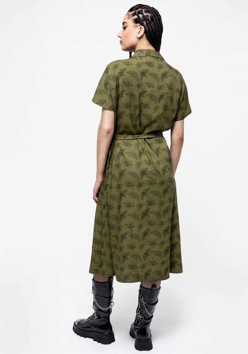 Disturbia Mortmoth Print Midi Shirt Robe - Green | LYW-17222011