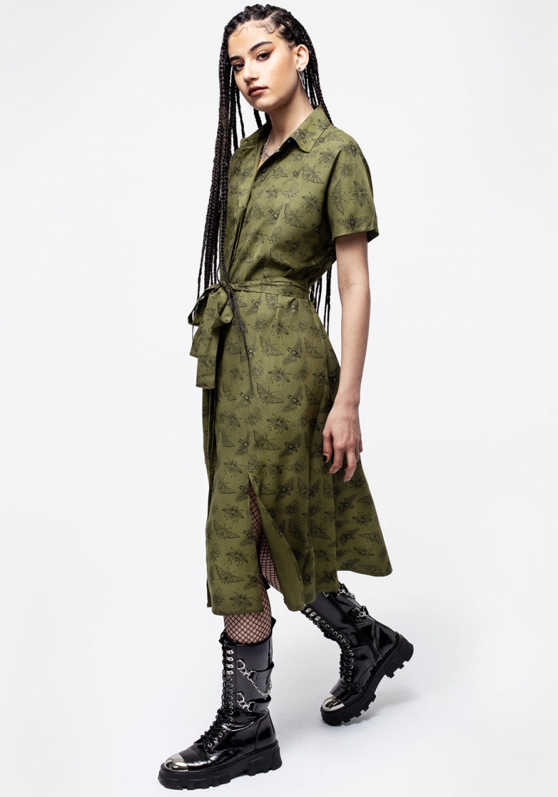 Disturbia Mortmoth Print Midi Shirt Robe - Green | LYW-17222011