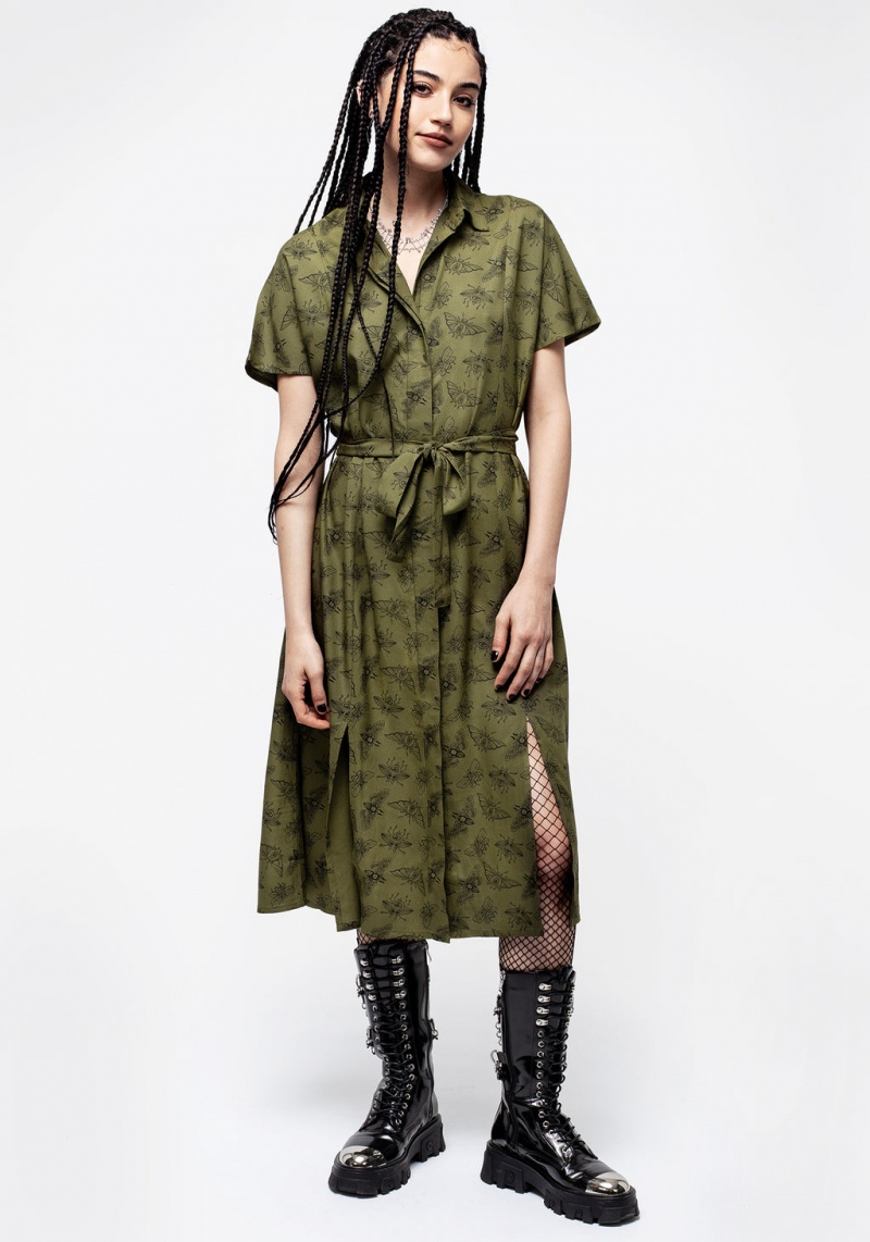 Disturbia Mortmoth Print Midi Shirt Robe - Green | LYW-17222011