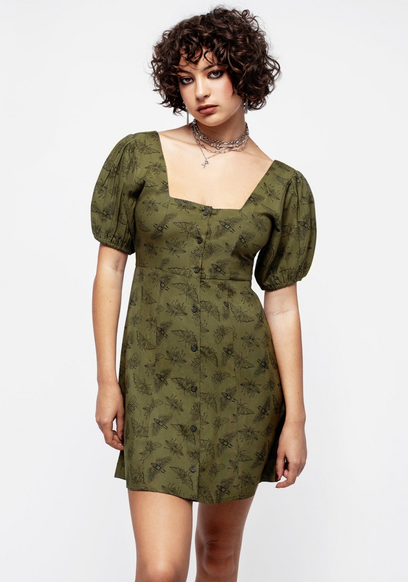 Disturbia Mortmoth Print Puff Sleeve Mini Robe - Green | BNA-44364026