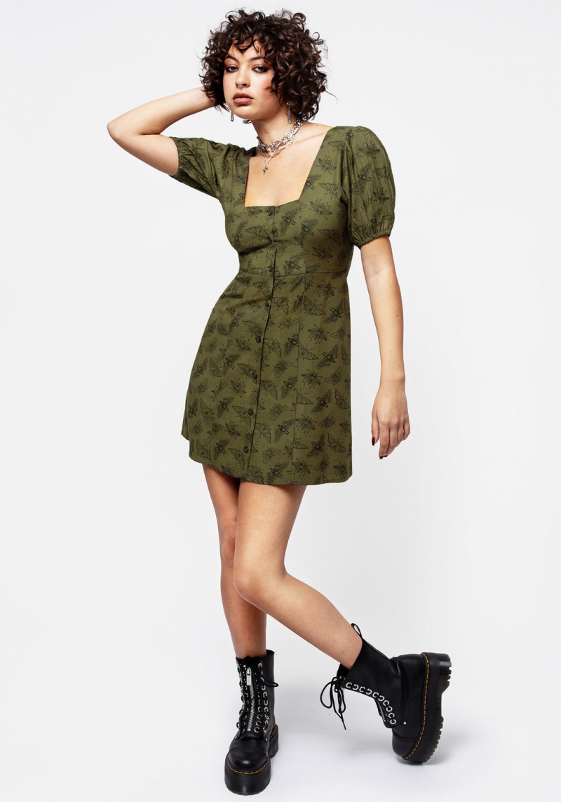 Disturbia Mortmoth Print Puff Sleeve Mini Robe - Green | BNA-44364026