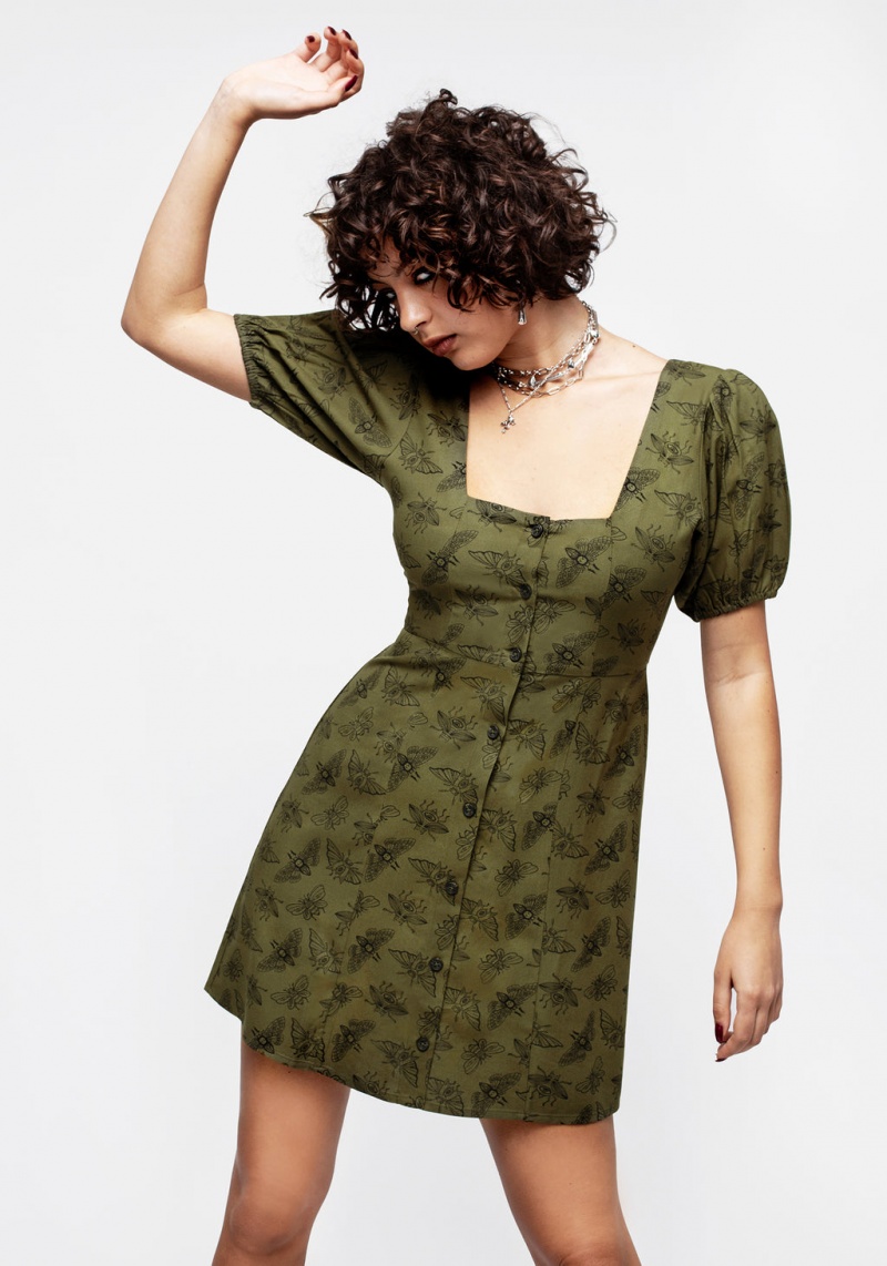 Disturbia Mortmoth Print Puff Sleeve Mini Robe - Green | BNA-44364026