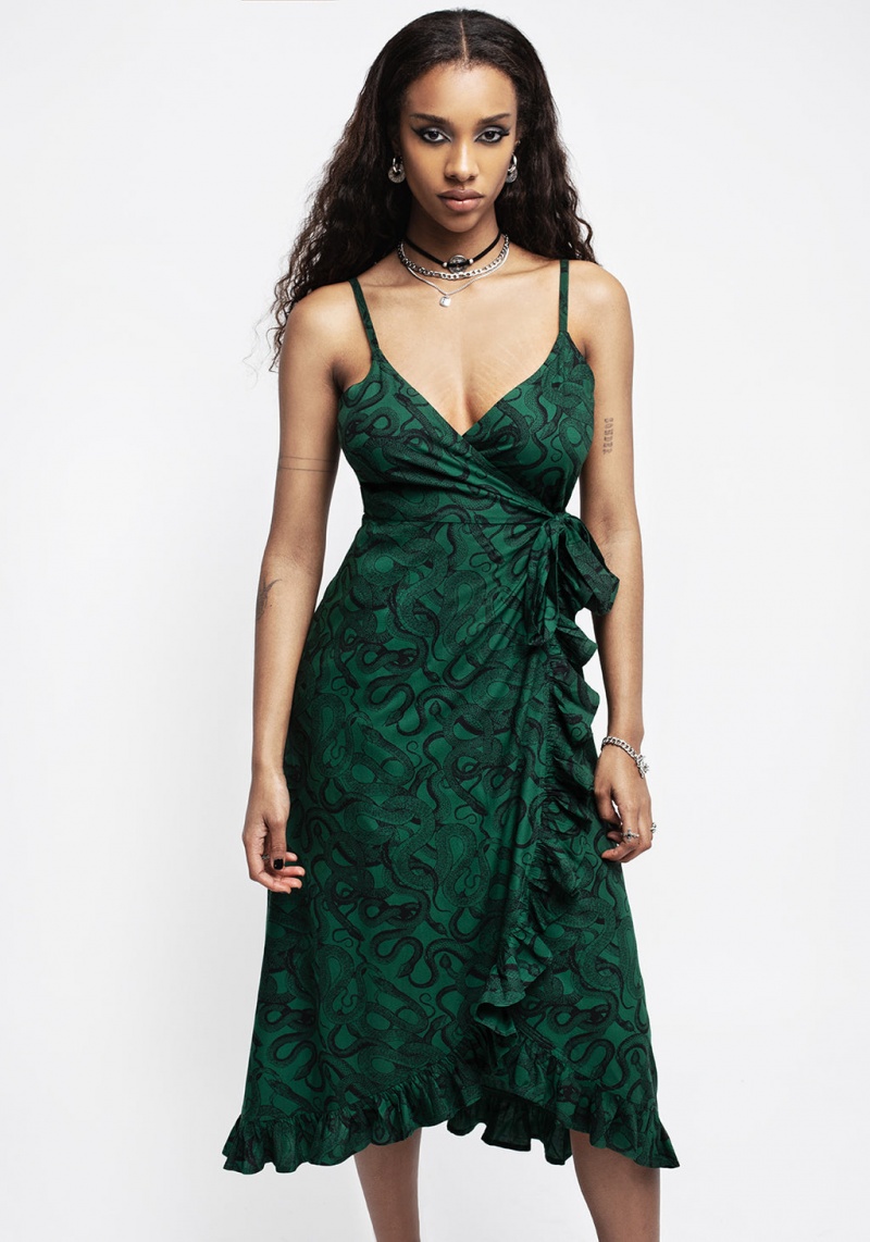 Disturbia Ophidia Snake Print Cami Midaxi Wrap Robe - Green | SQE-48672802