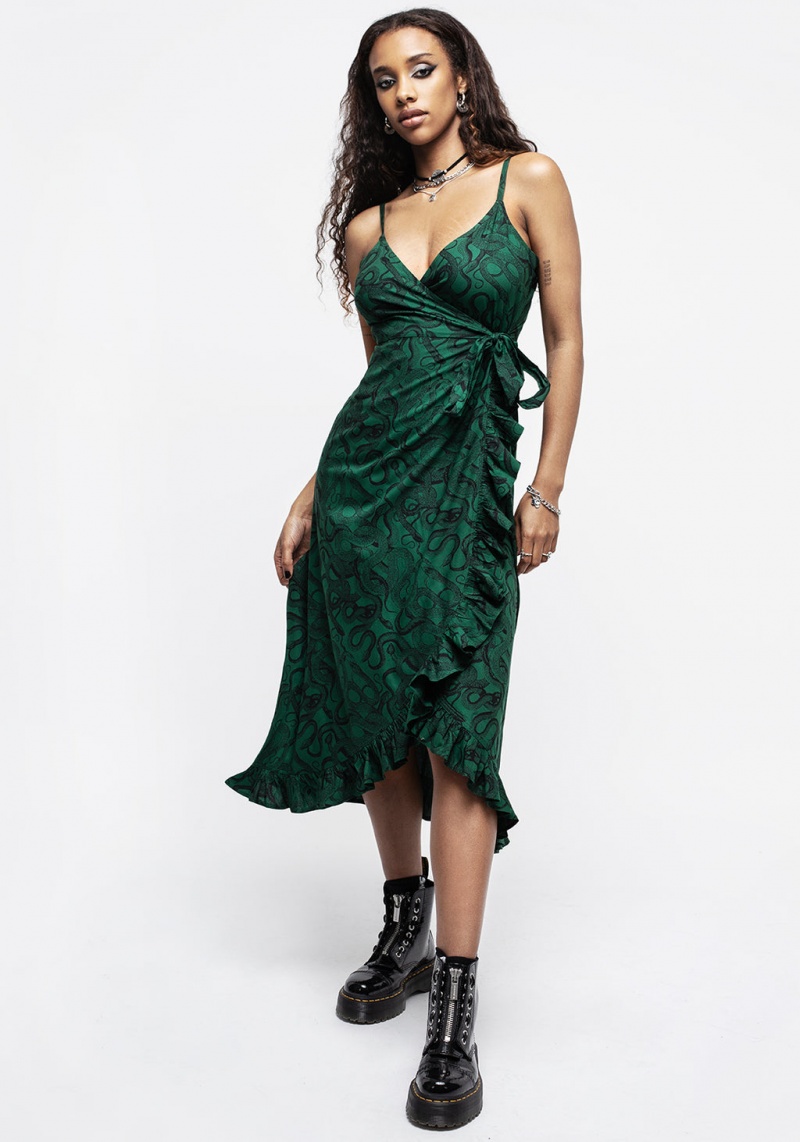 Disturbia Ophidia Snake Print Cami Midaxi Wrap Robe - Green | SQE-48672802