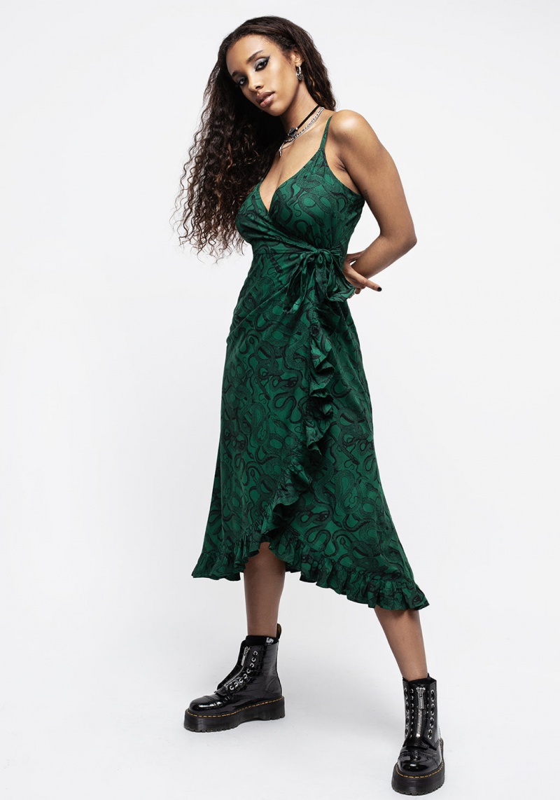 Disturbia Ophidia Snake Print Cami Midaxi Wrap Robe - Green | SQE-48672802