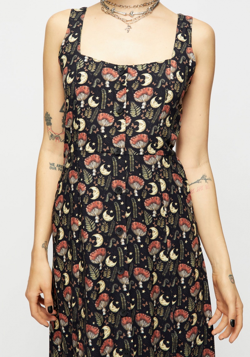 Disturbia Dreamfast Mushroom Moon Print Square Neck Midi Robe | DDV-05151971