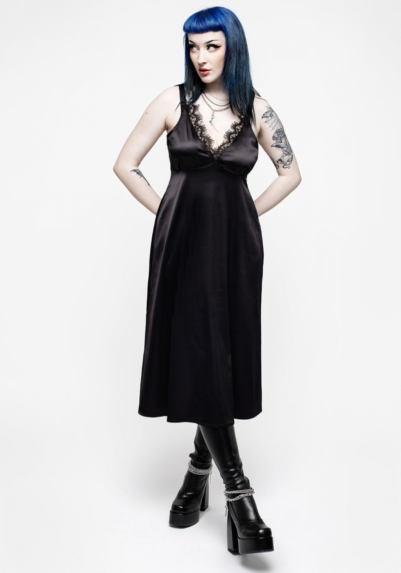 Disturbia Medeina Dentelle Trim Satin Midi Slip Robe - Midnight Black | VVN-54122552