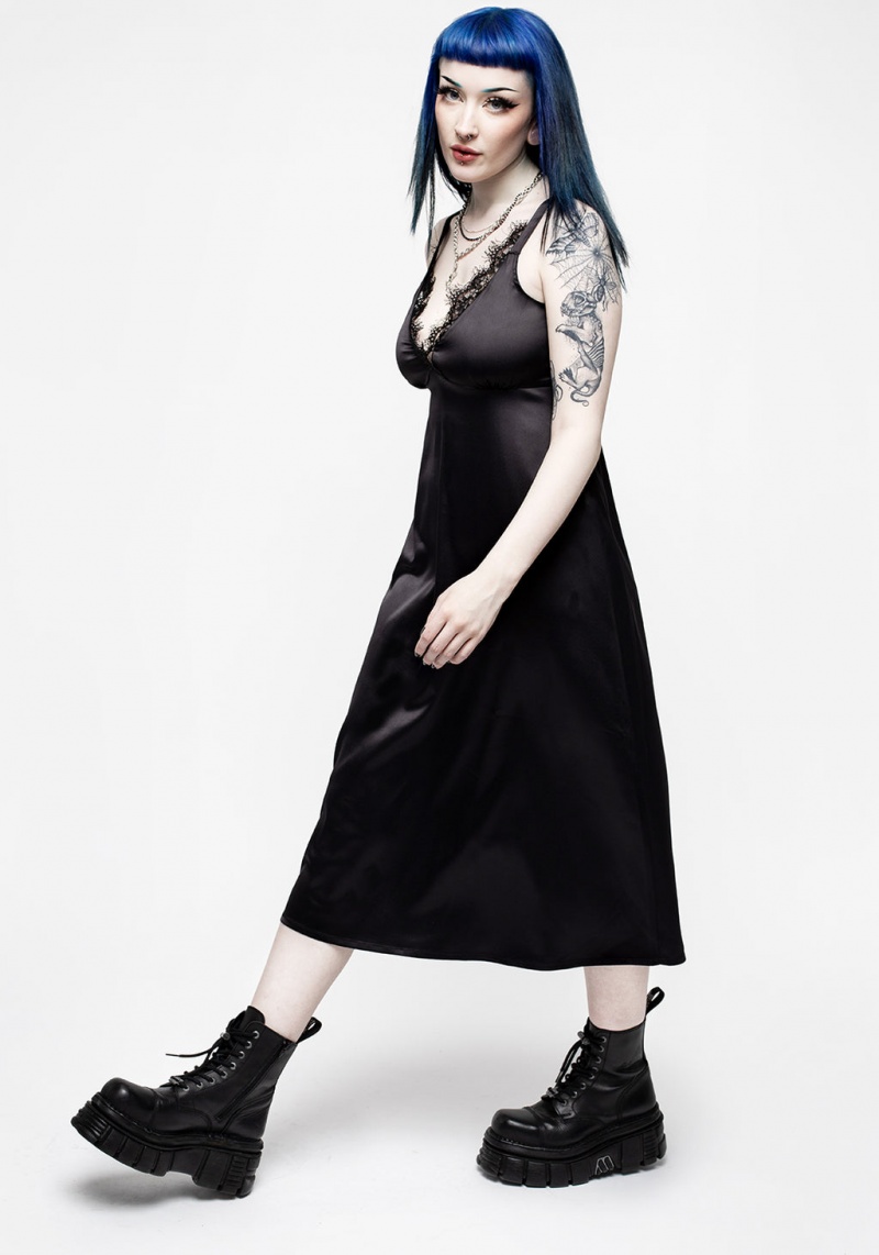 Disturbia Medeina Dentelle Trim Satin Midi Slip Robe - Midnight Black | VVN-54122552