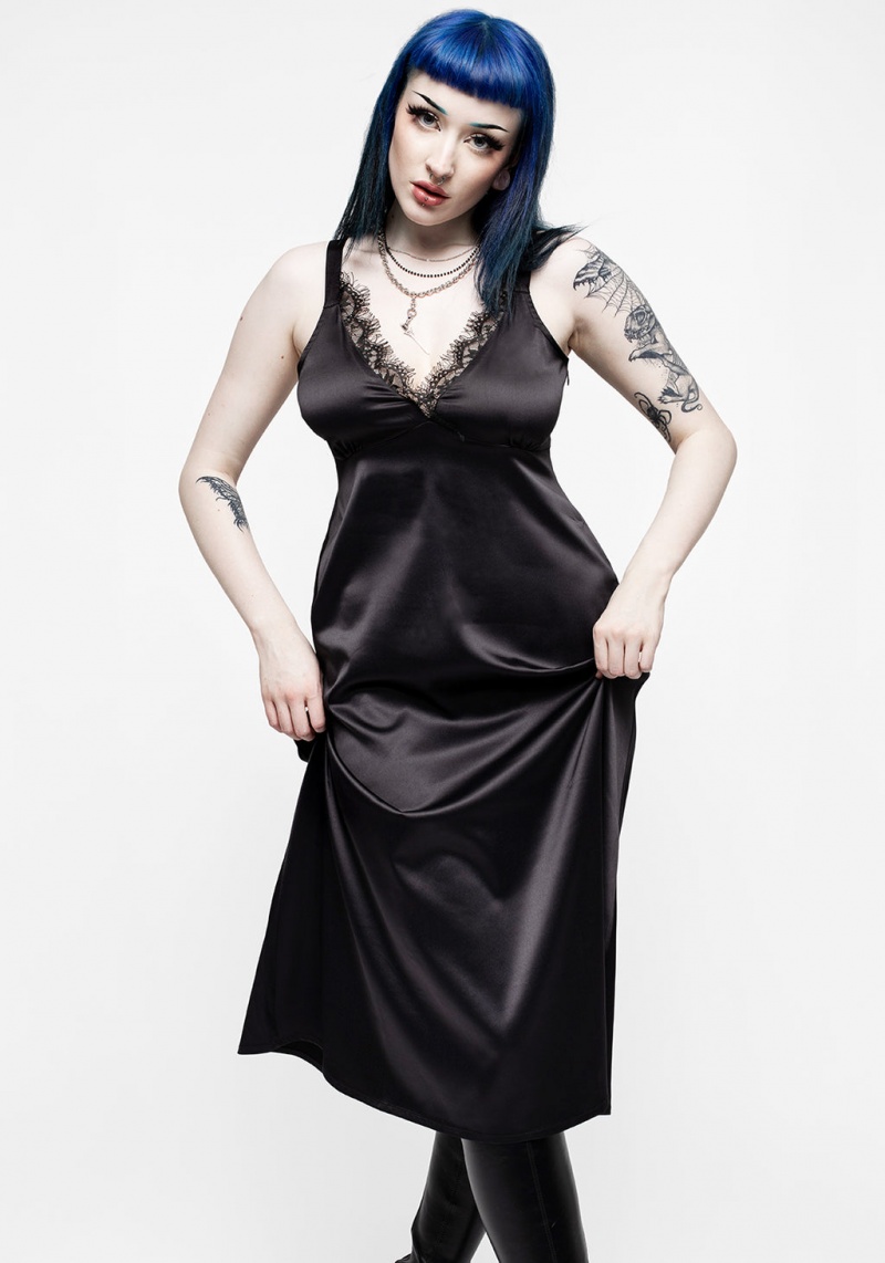 Disturbia Medeina Dentelle Trim Satin Midi Slip Robe - Midnight Black | VVN-54122552