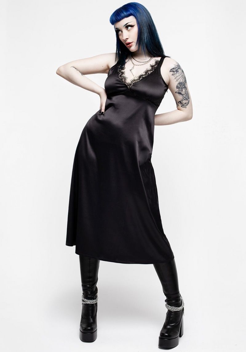 Disturbia Medeina Dentelle Trim Satin Midi Slip Robe - Midnight Black | VVN-54122552