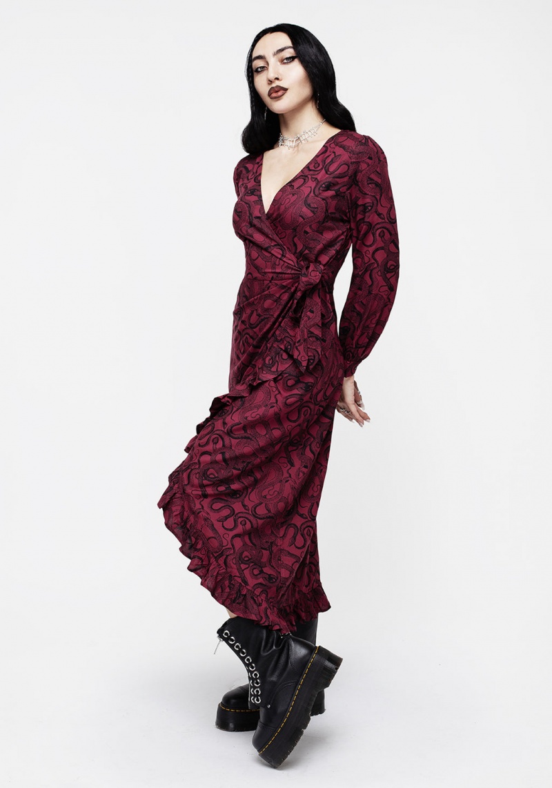 Disturbia Ophidia Snakes Print Wrap Maxi Robe - Red | PPP-25009326