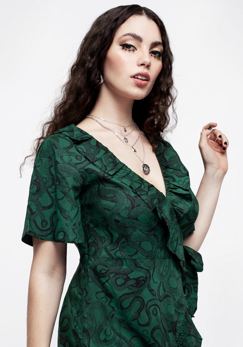 Disturbia Ophidia Snake Print Ruffle Mini Robe - Green | LDI-09124693