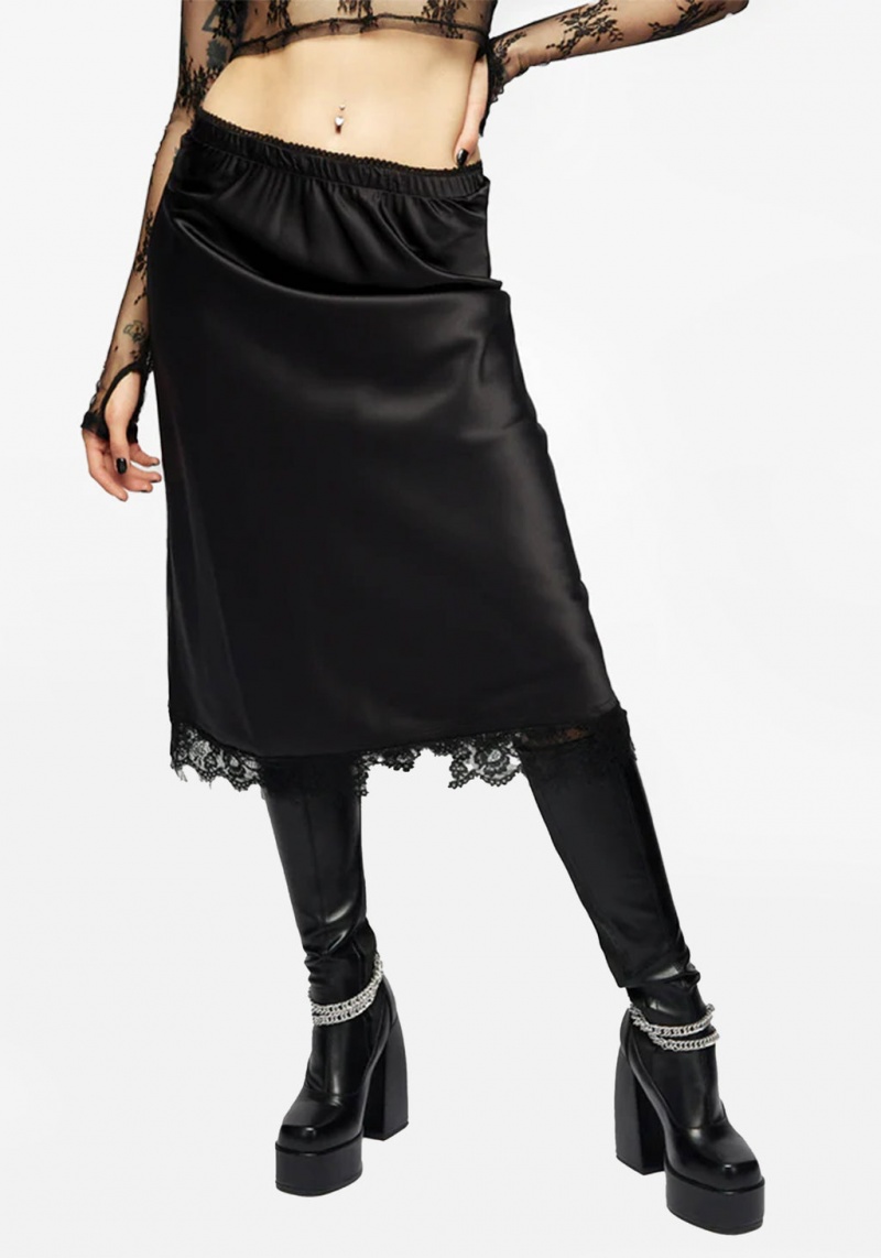 Disturbia Medeina Dentelle Trim Satin Midi Skirt - Midnight Black | HXI-51871960