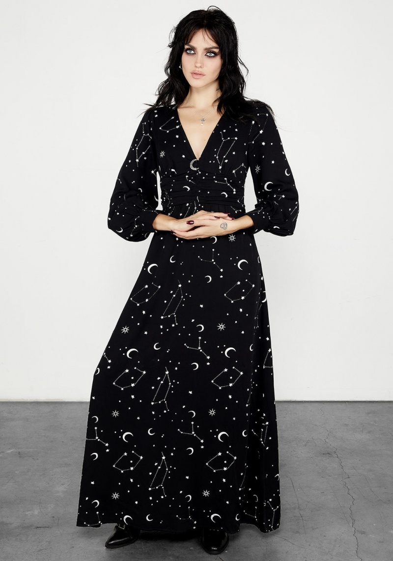 Disturbia Silver Celestial Print Gathered Maxi Robe | APJ-97181266