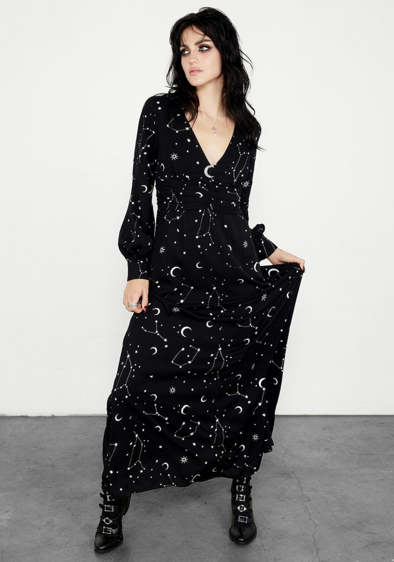 Disturbia Silver Celestial Print Gathered Maxi Robe | APJ-97181266