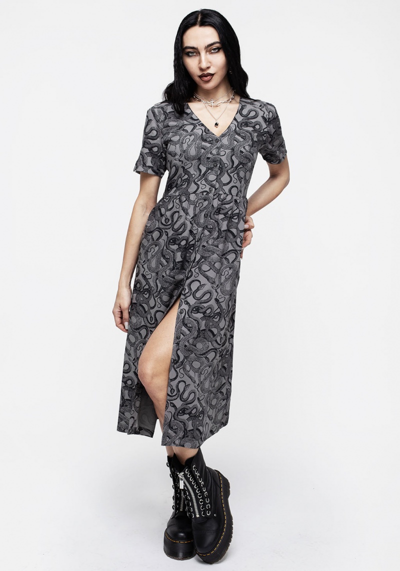 Disturbia Ophidia Snakes Print Button Down Midi Robe - Grey | CAG-49722260