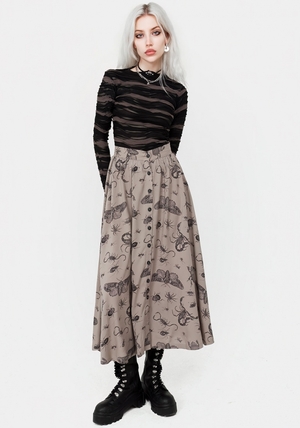 Disturbia Parasite Bugs Print Button Down Midi Skirt - Taupe | TDF-78287708