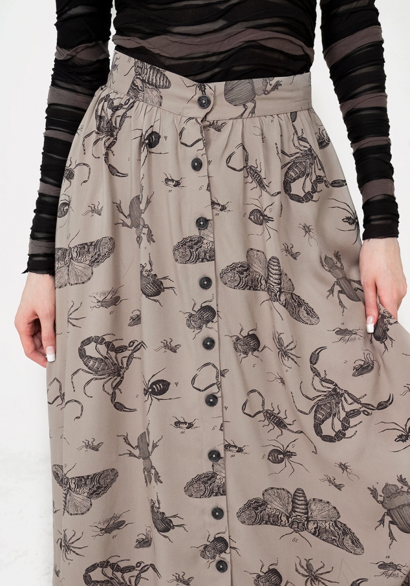 Disturbia Parasite Bugs Print Button Down Midi Skirt - Taupe | TDF-78287708