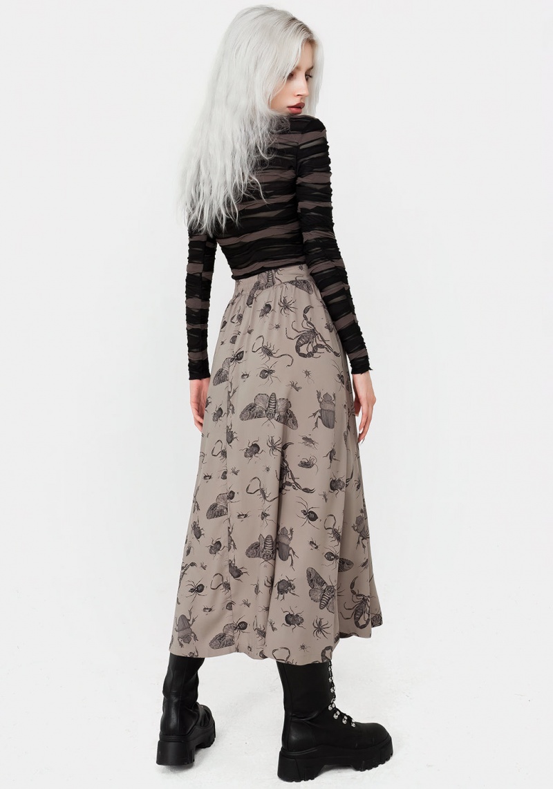 Disturbia Parasite Bugs Print Button Down Midi Skirt - Taupe | TDF-78287708