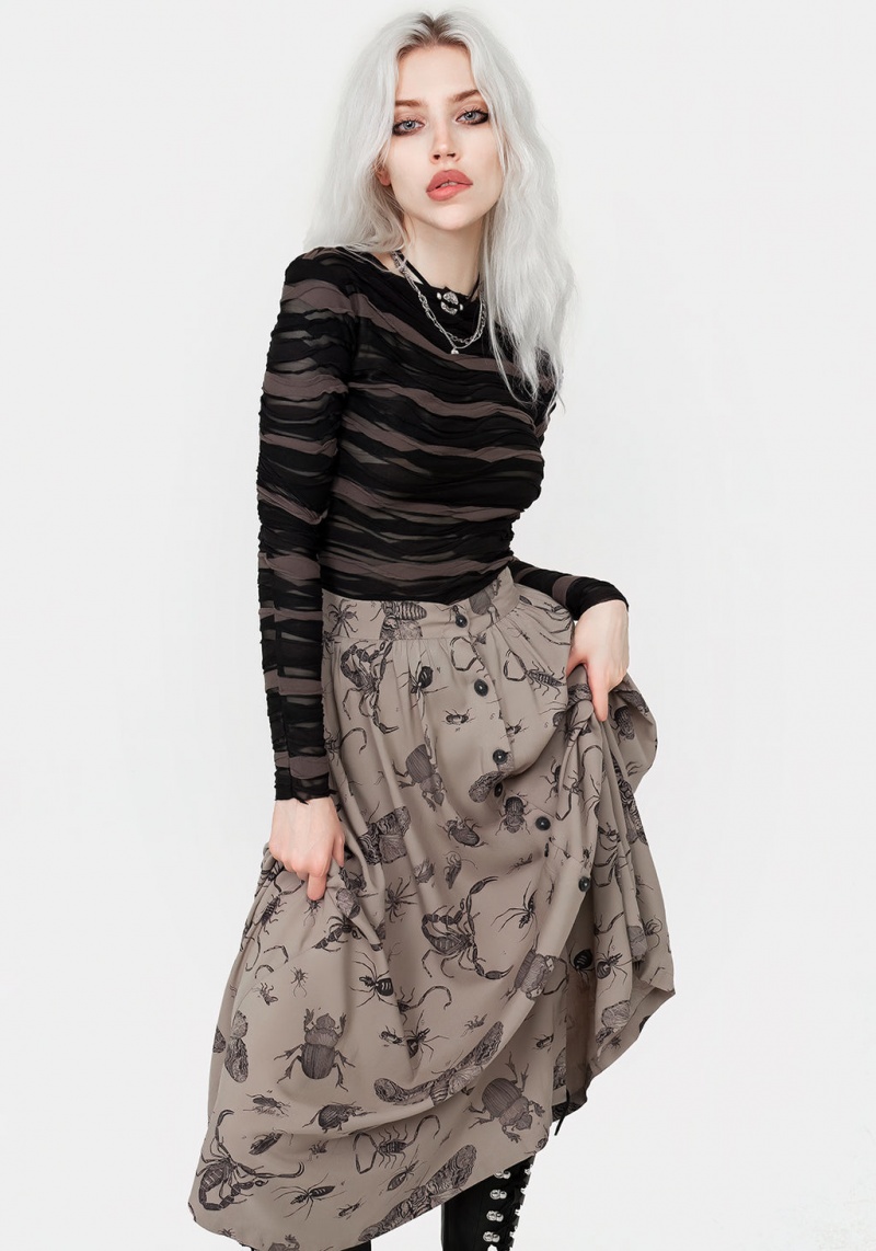 Disturbia Parasite Bugs Print Button Down Midi Skirt - Taupe | TDF-78287708