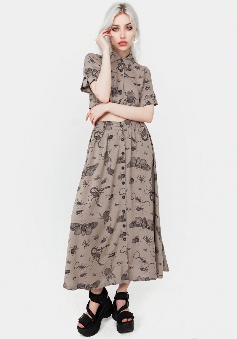 Disturbia Parasite Bugs Print Button Down Midi Skirt - Taupe | TDF-78287708