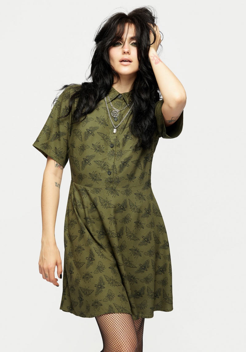 Disturbia Mortmoth Print Mini Shirt Robe - Green | DXH-20594384