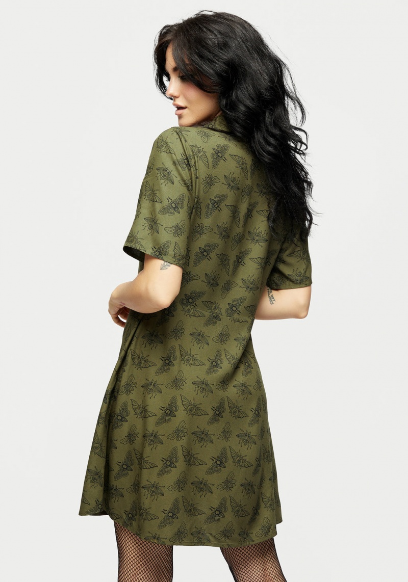 Disturbia Mortmoth Print Mini Shirt Robe - Green | DXH-20594384