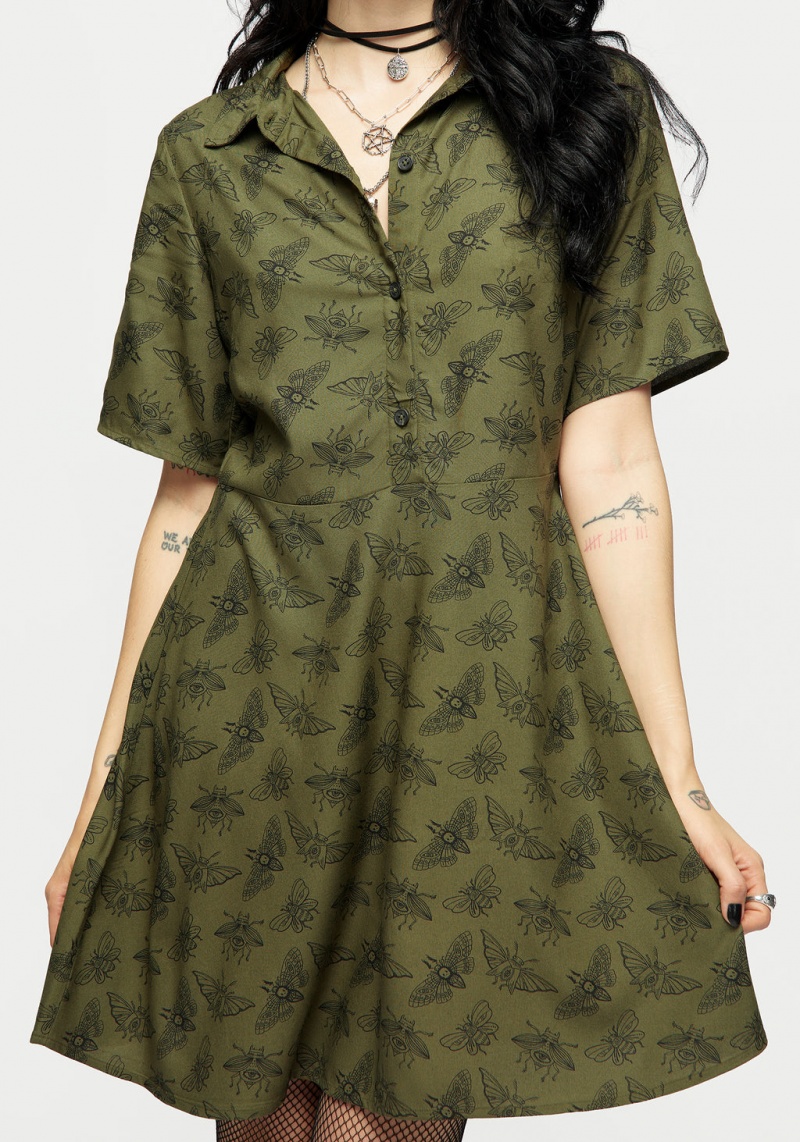 Disturbia Mortmoth Print Mini Shirt Robe - Green | DXH-20594384