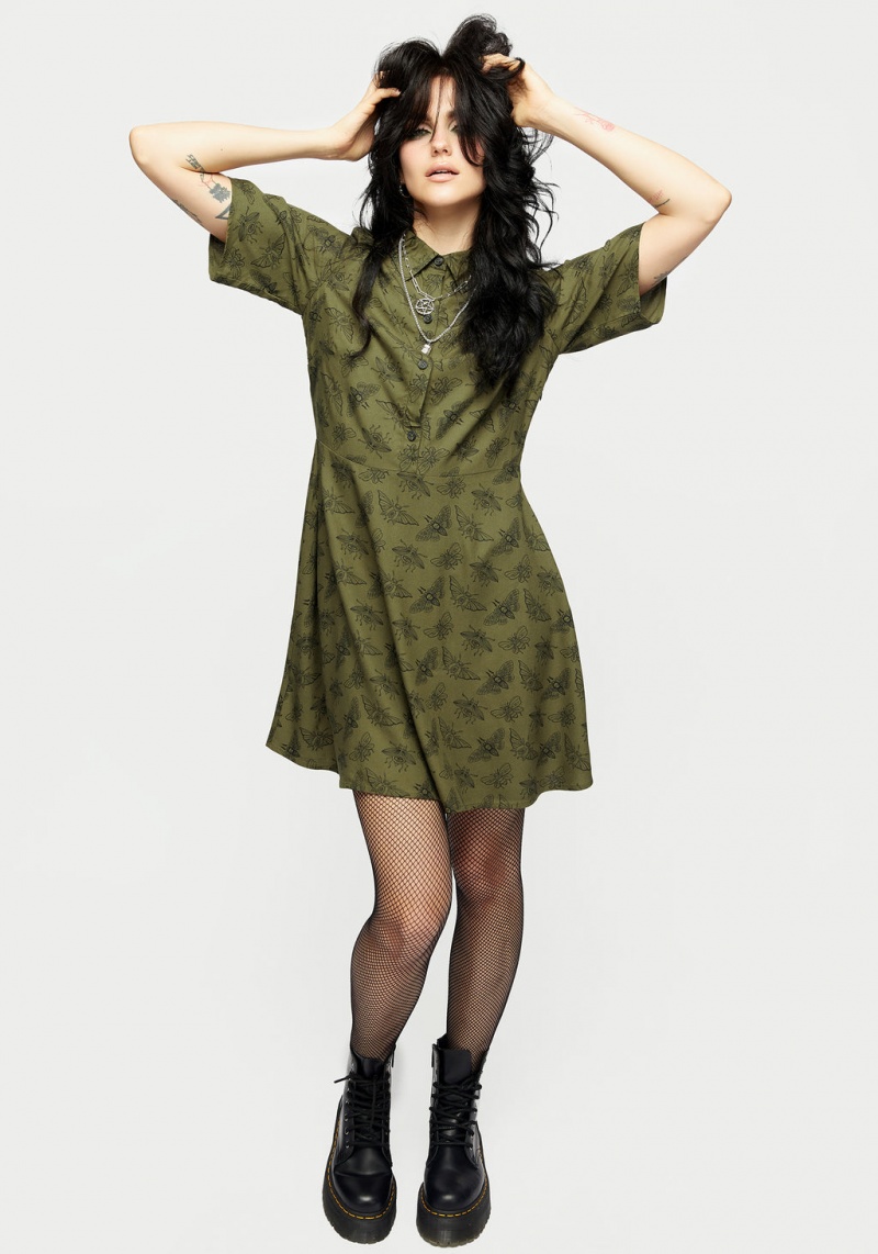 Disturbia Mortmoth Print Mini Shirt Robe - Green | DXH-20594384