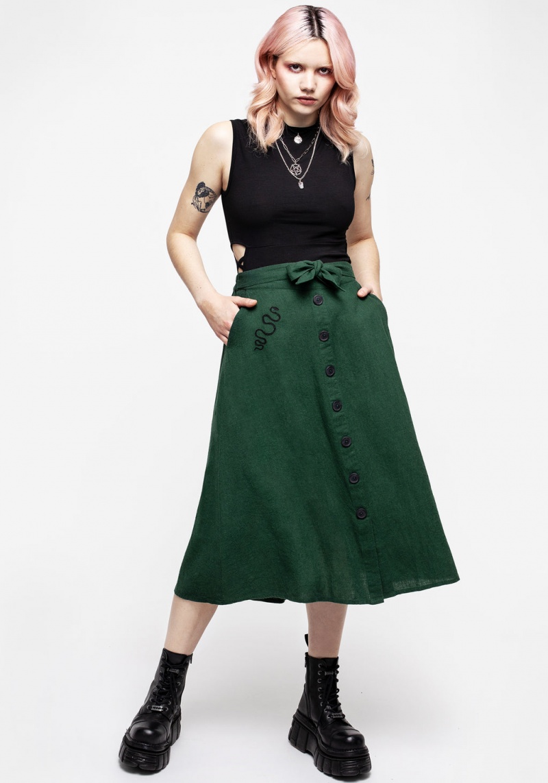 Disturbia Basilisk Green Linen Blend Button Up Midi Skirt | NOR-90222421