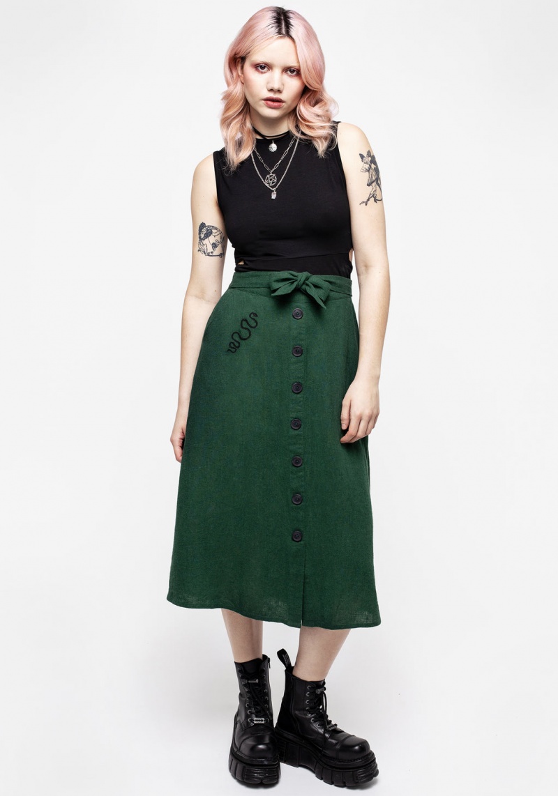 Disturbia Basilisk Green Linen Blend Button Up Midi Skirt | NOR-90222421