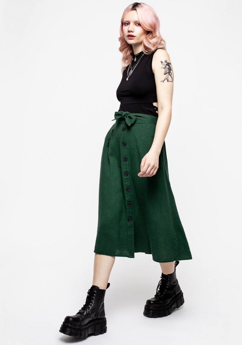 Disturbia Basilisk Green Linen Blend Button Up Midi Skirt | NOR-90222421