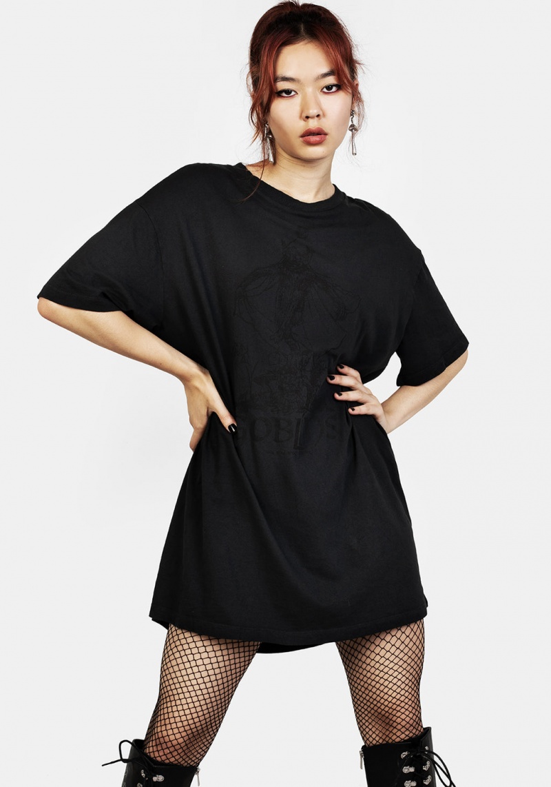 Disturbia Goblins Black Garment Washed Oversized Tee Robe | VOU-75083826