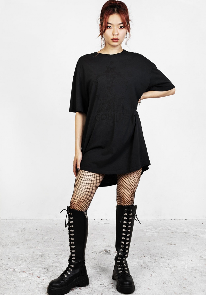 Disturbia Goblins Black Garment Washed Oversized Tee Robe | VOU-75083826