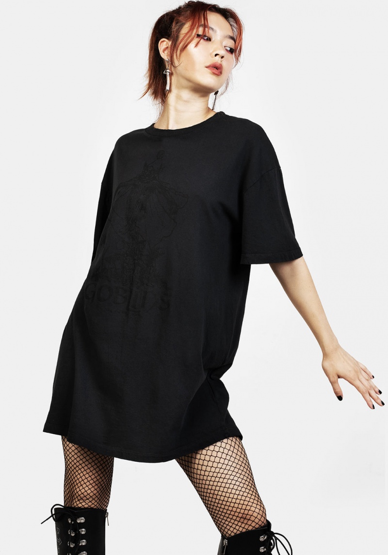 Disturbia Goblins Black Garment Washed Oversized Tee Robe | VOU-75083826