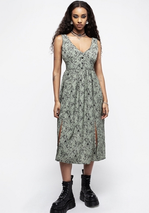 Disturbia Cassie Green Floral Corset Button Midi Split Robe | RPT-57377725