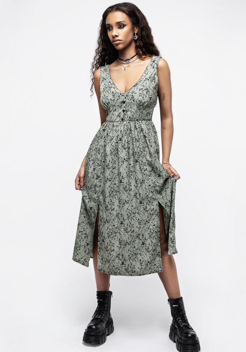 Disturbia Cassie Green Floral Corset Button Midi Split Robe | RPT-57377725