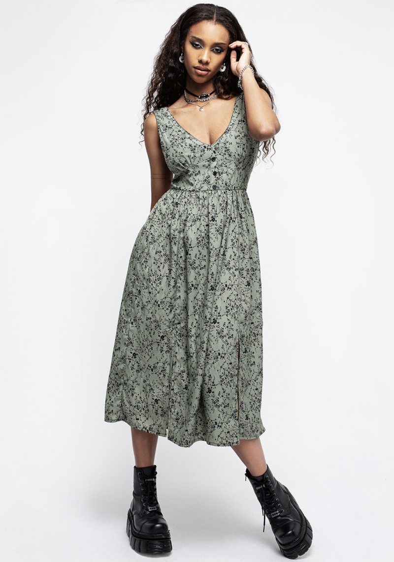 Disturbia Cassie Green Floral Corset Button Midi Split Robe | RPT-57377725