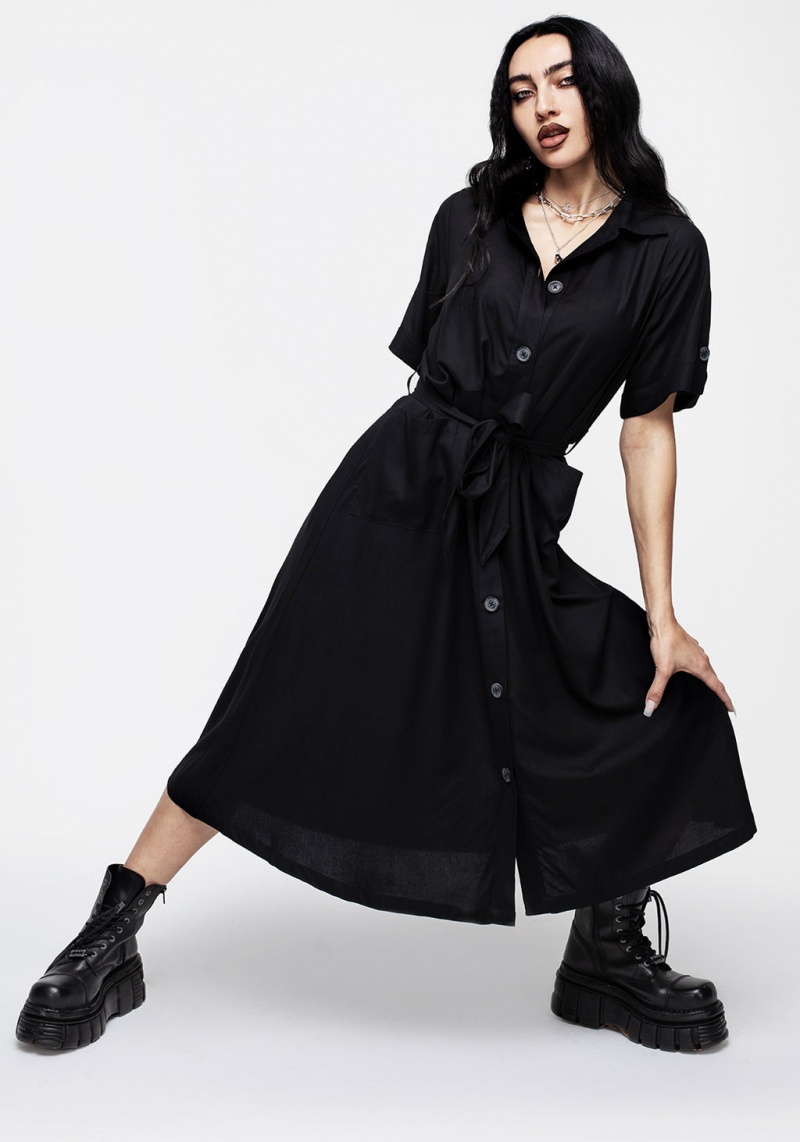 Disturbia Maidenhair Midi Corta Sleeve Shirt Robe - Midnight Black | DLX-83950746