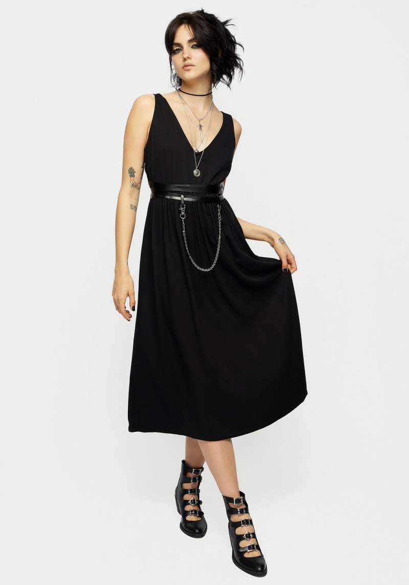 Disturbia Raven V-Neck Sans Manches Chain Midi Robe | DKV-64342359