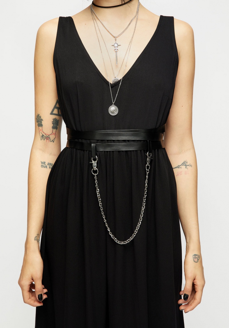 Disturbia Raven V-Neck Sans Manches Chain Midi Robe | DKV-64342359