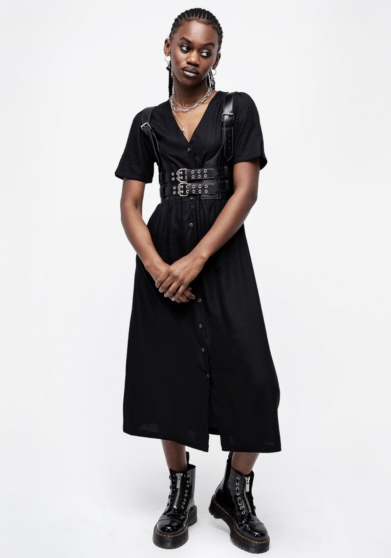 Disturbia Realm Button Down Midi Robe - Midnight Black | VZS-82778443