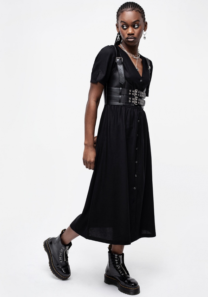 Disturbia Realm Button Down Midi Robe - Midnight Black | VZS-82778443