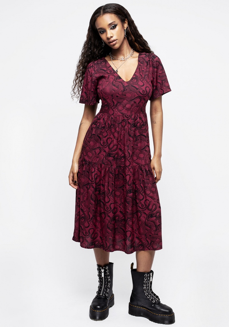 Disturbia Ophidia Snakes Print Midi Robe - Red | FAI-53824813